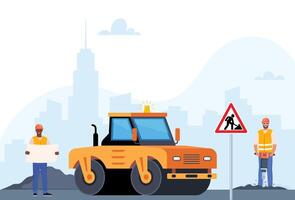 Construction workers and road roller vector