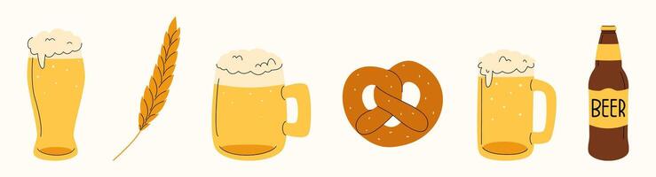 Set of beer, barley, pretzels, bottle and mugs. Hand drawn, doodle design. Perfect for Oktoberfest promotions, bar menus, or brewing themes. vector