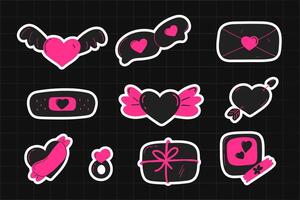 Cute emo style love sticker. Hearts, wings, gift box, speech bubble, photo frame, mail, ring, band aid and ribbons. Bold and edgy Y2K set. Perfect for Valentine's Day designs or alternative fashion. vector