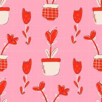 Seamless pattern with red flowers in pots on a pink checkered background. Cute hand drawn doodle. Perfect for Valentine's Day designs, gift wrapping, romantic projects. vector