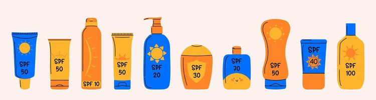 Various SPF sunscreen products on display vector