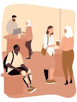 Group of diverse individuals interacting in a cozy cafe setting, showcasing a warm atmosphere with drinks, conversations, and a sense of community and connection vector