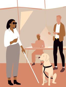 Woman with sunglasses and a cane stands confidently beside a guide dog, while two individuals engage in conversation at a table in a modern, collaborative workspace vector