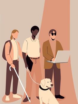 Group of diverse individuals, including a woman with a cane, a man with a laptop, and a dog, standing together in a warm, inviting environment, showcasing community and connection vector