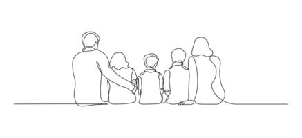 Happy Family with Three Children. Continuous Line Art of Joyful Parents and Kids Sitting Together vector