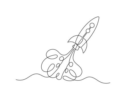 Rocket with Smoke Plume. Continuous Line Art of Launch and Space Exploration Concept vector