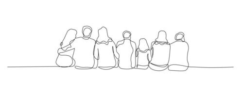 Rear View of Multi Generational Family Relaxing Together. Continuous Line Art of Family Sitting in a Row vector