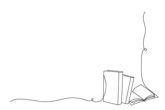 Corner element with books drawn by one line. Minimalist sketch. Continuous line drawing art closed and open books. Creative illustration. vector