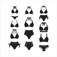 Collection of black silhouette bikini tops and bottoms for beachwear vector