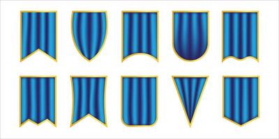 Collection of elegant blue and gold shield-shaped banners, designed with unique shapes and details, perfect for decorative and emblem purposes. vector