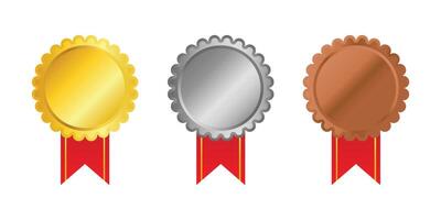Gold, Silver, and Bronze Award Medals with Scalloped Edges and Red Ribbons vector