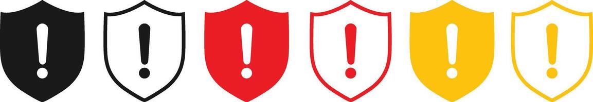 Alert Shield Icon Set . Five Warning Symbols Featuring Central Exclamation Marks in Black, Red, and Yellow Shield Silhouettes on White Background vector