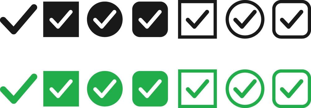 Checkmark Icon Set . Black and Green Silhouettes in Circular, Square, and Standalone Variants for Task Completion and Approval Graphics on White Background vector