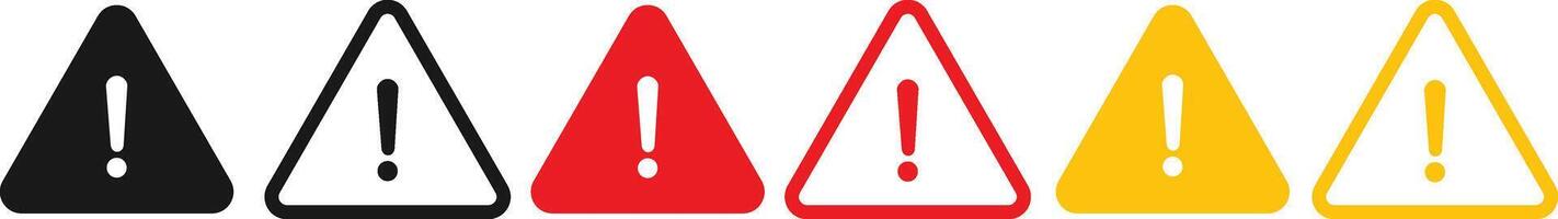 Warning Sign Icon Set . Triangular Exclamation Mark Symbols in Black, Red, and Yellow Silhouettes for Hazard and Alert Graphics on White Background vector