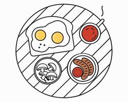 Delicious illustrated breakfast plate featuring eggs toast sausages mushrooms and a cup of coffee or tea. vector
