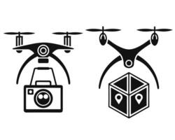 illustrations of two different drones carrying a camera and delivering a package. vector