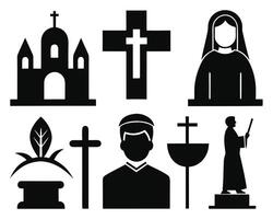 illustrations representing christianity featuring church cross virgin mary and other religious symbols. vector