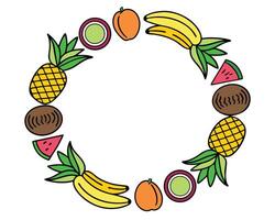 Colorful hand drawn circle frame featuring various tropical fruits on a white background vector