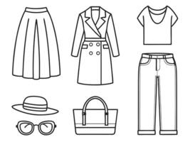Outlined illustration of fashionable clothes and accessories perfect for style layouts. vector