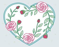 A charming floral heart shaped frame featuring delicate pink roses and green leaves illustrations vector