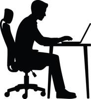 Silhouette of a person working on a laptop at a desk in an office environment vector