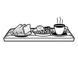Black and white illustration of a breakfast tray with food and a hot cup of coffee. vector