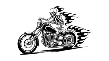 Skeleton Riding Chopper Motorcycle with Flaming Trail. Biker Skull Vectors Illustration