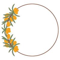 Minimalist Sea Buckthorn Circular Frame with Orange Berries and Green Leaves in a Botanical Hand-Drawn Design vector