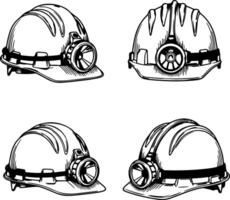 Detailed illustrations of mining helmets with headlamps showcasing different angles vector