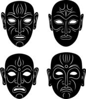 Four stylized tribal masks with intricate white facial markings on black vector