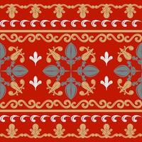 Intricate Beautiful Frame Elegance Detailed Luxury Motif Baroque Florals ikat Delicate Style. Gold White Green on Red Background Impressive Honor Confident Vibe Opulence Flourish Royal Pattern Border vector