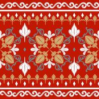 Bouquet Drawing Work Fashion Creation Baroque Style with Royal Ornament Scroll Mythology Gold Green White on Red Background. Fabulous Intricate Botany Pattern Seamless Border for Embroidery Boho Lace vector