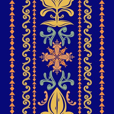 Bohemian Mandala Ornament Delicate Style with Orange Blue Gold on Royal Blue Background Seamless Border Pattern. Abstract Vintage Oriental Art for Textile Fashion Neck Line Embroidery Clothes Filigree