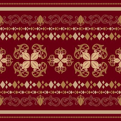 Attractive Cozy Florals Folk Motif Filigree Royal Ornament Design with Golden Silk Weaves on Deep Red Background Luxury Detailed Seamless Border Pattern. Delicate Art Work For Embroidery Clothes Batik