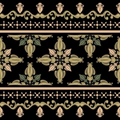 Exquisite Jungle Abstract Design Damask Luxury Scroll Ornament Florals Bohemian Greenish Gold on Black Background Seamless Delicate Border Pattern. Flawless Ikat Handicraft Embroidery Textiles Ceramic