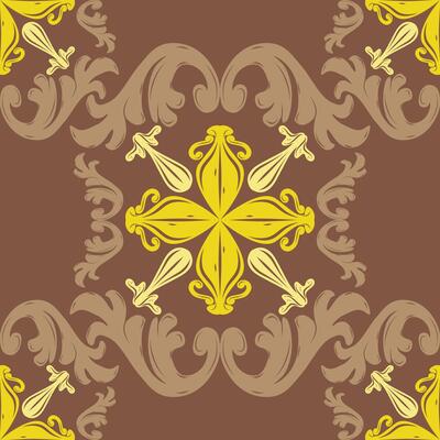 Delicate Whimsical Luxury Gold Yellow Ornament Classical Damask Style on Brown Background. Beautiful florals Medieval Baroque Byzantine Old World Combine Art Nouveau For Wallpaper Textiles Fabrics