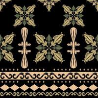 Elegance Ethnic Luxury Ikat Border Elaborate Pattern Greenish Beige Ornament Striped on Black Background. Rococo Byzantine Culture for Expensive Decoration Interior Prints Textiles Batik Amalfi Fabric vector