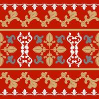 Creative Design Damask Royal Haute Couture Botany Inspired with White Gold Green on Red Background Seamless Border Pattern. Ancient Victorian Baroque Era Blooming Foliage Embroidery Clothes Dress Lace vector