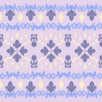 Heritage Flourish Intricate Victorian Boho Geometric Scroll Ornament Seamless Border Pattern. Baroque Luxury Lavender Pale Yellow Four Leaf Luxury Sign Textiles wallpaper Brocade Fabric Prints Garment