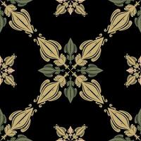 Seamless Luxury Foliage Greenery Shades on Black Background. Elaborate Victorian Rococo Forest Inspired Repeat Detailed Pattern. Heritage Embroidery Handicraft Cross Square Endless Tiles Textiles Lace vector