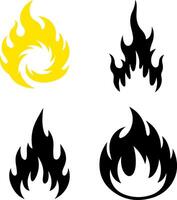 Four distinct black silhouette flame icons representing fire and energy vector