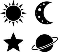 Simple black silhouette icons of celestial bodies for cosmic designs vector