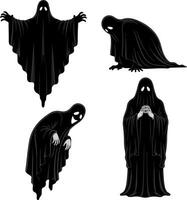 Four spooky black ghosts in different creepy poses on white background vector