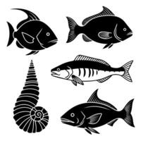 Collection of stylized black and white fish silhouettes and a seashell illustration vector