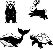 Cute black and white cartoon animals bear rabbit whale and turtle vector
