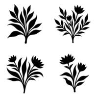 Four stylized black floral silhouettes with leaves and blossoms on a white background vector