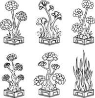 Six stylized drawings of fantasy plants in square pots vector