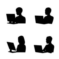 Silhouettes of people working on laptops and computers in different poses vector