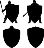Silhouettes of knights with swords and shields in combat poses vector