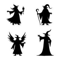 Silhouettes of wizards with different attributes and poses on a white background vector